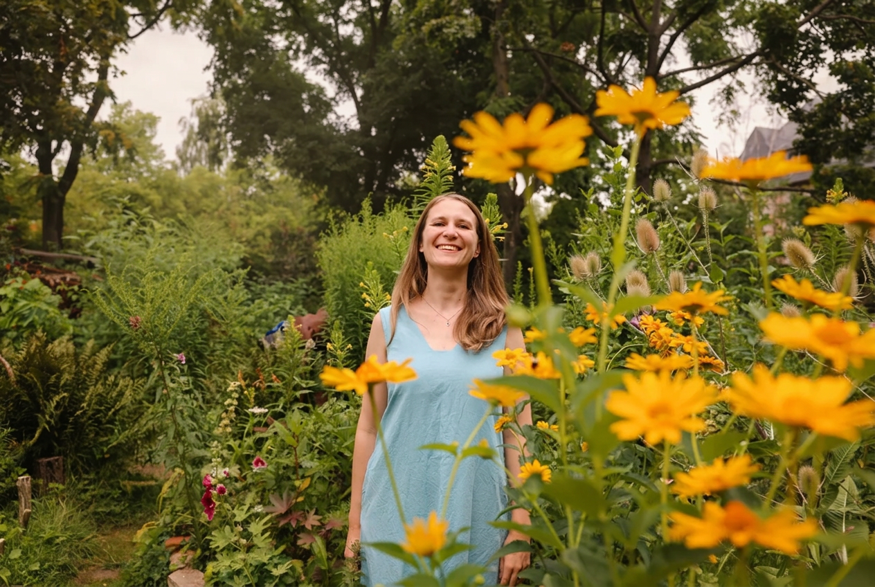 Marie standing peacefully in a sunlit garden of yellow flowers